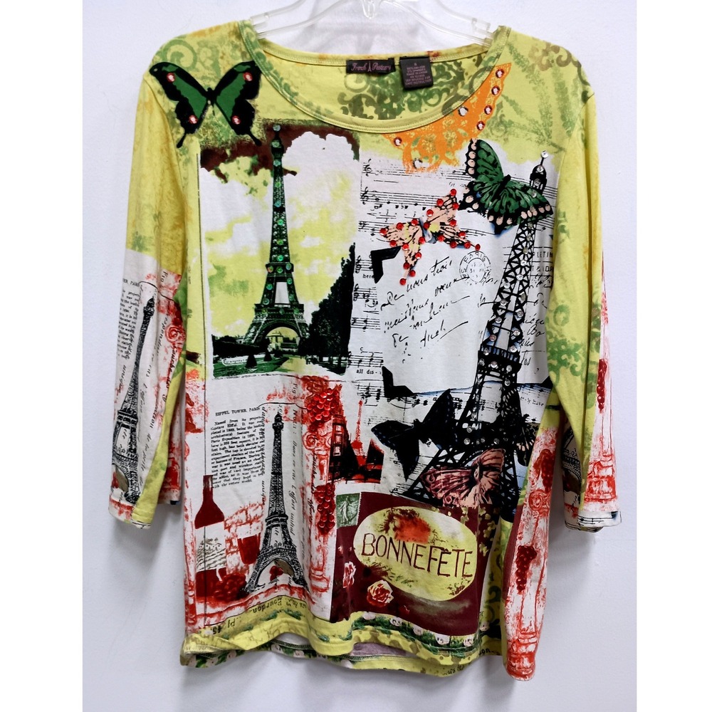 French Postcards Wearable Art Top Womens S Yellow Paris Eiffel Tower Sequin